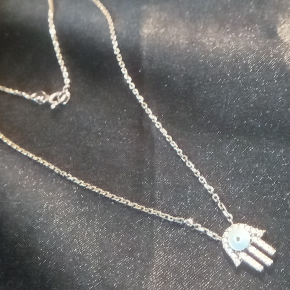 Sterling Silver 925 Hamsa Necklace with Blue Accent. - Picture 2 of 5